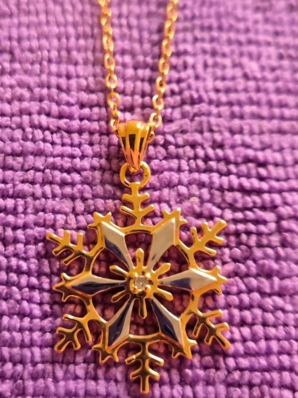 Gold and White Snowflake Pendant Necklace with Center Accent